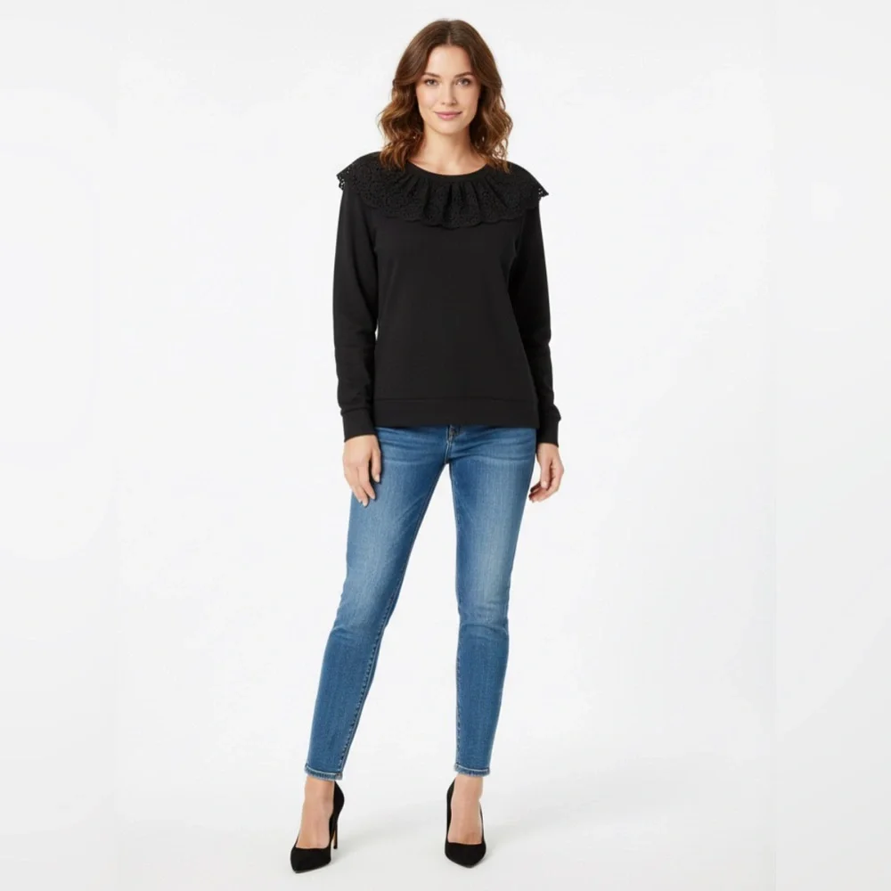Banana Republic Solid Black Eyelet Detail Sweater Size Medium